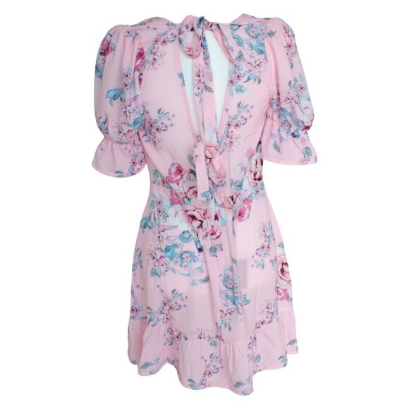 Amelia Pink Floral Spring Dress With Puff Sleeves - Picture 2 of 3